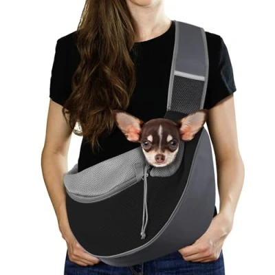 Image de Pawaboo Sac de Transport Bandoulière Réglable pour Animal Compagnie, à Mains Libres avec Boucle en D, Dos Maille Respirant Poche Supplémentaire, M, Gris Foncé + Noir