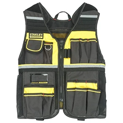 Image de Stanley Fmst1 71181 Veste Porte Outils Gamme Fatmax Nombreuses Poches Bretelles Ajustables Bandes Réfléchissantes Doublure en Maille, XL, Jaune/Noir