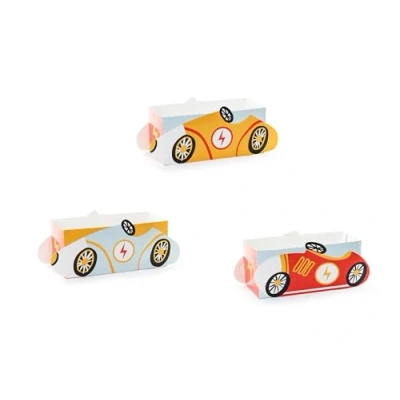 Image de PartyDeco Lot de 3 Boîtes à goûter en Voiture 7,5 x 17 cm Bonbons et collations fête pour Anniversaire d&#039;enfant, thème, Course Rouge, Bleu Clair, Jaune
