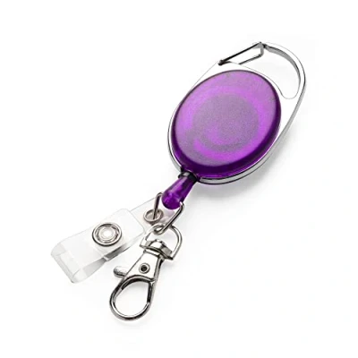 Image de Navaris Porte badge avec enrouleur rétractable Mousqueton pour accrocher clés cartes badges violet transparent en métal