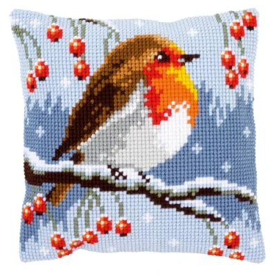 Image de Vervaco Kit de Coussin au Point Croix, Red Robin en Hiver, 40 x cm or 16 in, Blanc