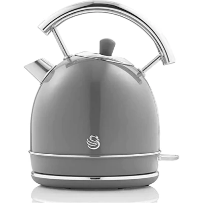 Image de Swan Retro Bouilloire Électrique 1,8 Litre, Design Vintage, Arrêt Automatique Contrôleur Strix, sans fil, Acier Inoxydable, BPA, 3000W, Gris
