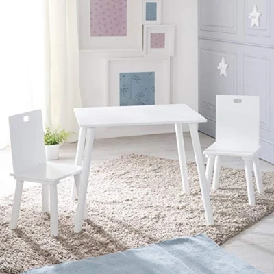 Image de roba Ensemble Table + 2 Chaises Enfants Pieds en Bois Massif Style Scandinave Laqué Blanc