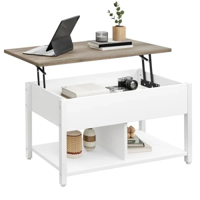 Image de YITAHOME Table Basse à Plateau Relevable, Rangement 2 Niveaux, Hauteur Réglable avec Compartiment de Caché et Étagère pour Salon, Bureau, Blanc Gris