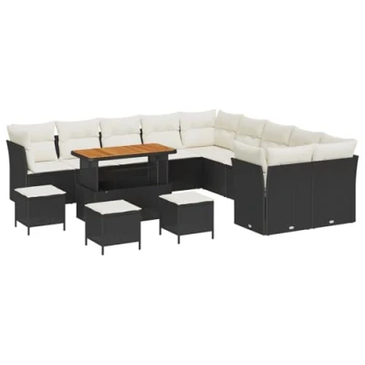 Image de Canapé de jardin 14 pièces avec coussins noir poly rotin acacia, Ensemble salle à manger 4 3361550