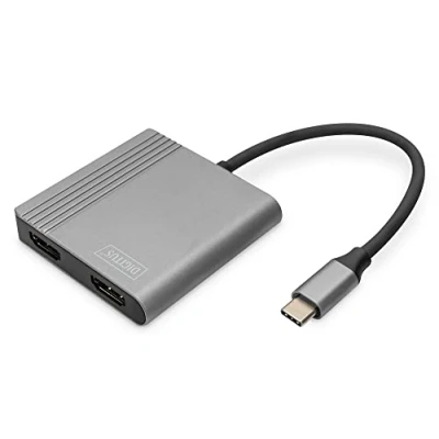 Image de DIGITUS Adaptateur Graphique USB C vers 2X HDMI UltraHD 4K/60Hz Support SST/MST 18 cm de Longueur câble Plug &amp; Play Gris