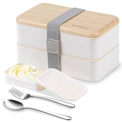 Image de Boîte bento Repas à Lunch Déjeuner gouter Bundle Divider Style Japonais Box avec Une cuillère et Fourchette en Acier Inoxydable (Blanc)