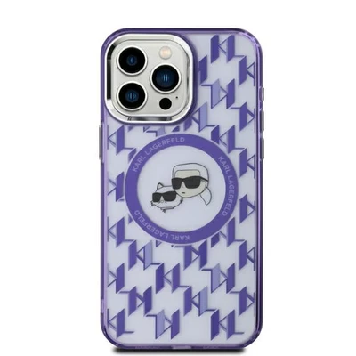 Image de Étui Karl Lagerfeld pour iPhone 15 6.1 violet étui rigide IML Monogram Karl&amp;Choupette Head MagSafe Neuf