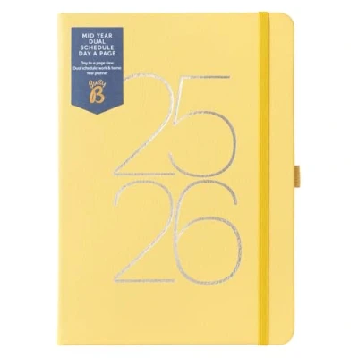 Image de Busy B A5 Day A Page Diary Mid Year Academic Dual Schedule Planner Aug &#039;25 &#039;26 Yellow Vegan Leather with Space for Two schedules, Lined Pages, Notes &amp;