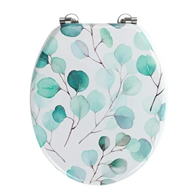 Image de WENKO siège WC Pioppo, de toilette en MDF, certifié FSC®, avec fixation lourde inox et abattant à joli motif feuilles dans des tons verts, (L x P) : 35,5 42,5 cm