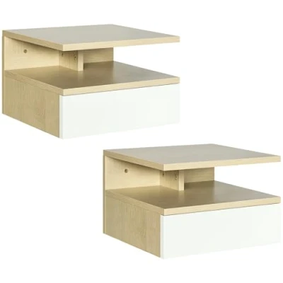Image de HOMCOM Lot de 2 Tables Chevet murales Nuit tiroir Coulissant, Niche, Plateau Panneaux Particules Aspect chêne Clair et Blanc