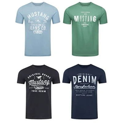 Image de MUSTANG T shirt à col rond manches courtes pour homme avec logo imprimé en coton noir blanc bleu gris, tailles S M L XL 2XL 3XL, Frosty Spruce (1004001 6398),
