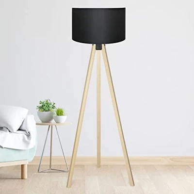 Image de lux.pro Lampadaire Stylé Trépied Lampe sur Pied MDF Tissu Douille E27 Hauteur 140 cm Effet Bois Noir