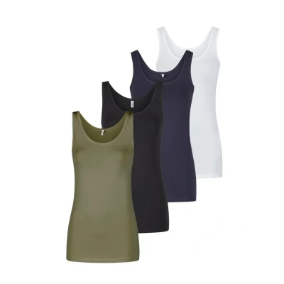 Image de ONLY Onllive LUV Lot de 4 débardeurs en coton stretch pour femme Coupe ajustée Col rond Sans manches Couleur unie Noir Blanc Beige Rouge Vert Bleu marine Tailles S, M, L, XL, XXL