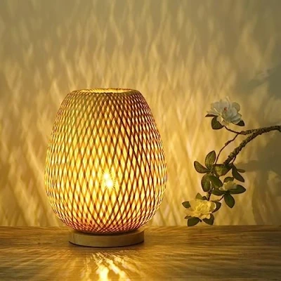 Image de GUANSHAN Lampe de Table Tissée en Bambou Abat Jour Éclairage Décoratif Veilleuse pour Chambre, Salon, Interrupteur à Bouton Poussoir, Style 1