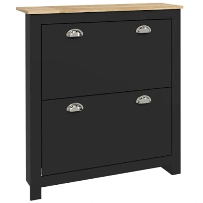 Image de Armoire à chaussures HOMCOM 2 portes abattantes compartiments poignées coquilles métal en bois noir et chêne
