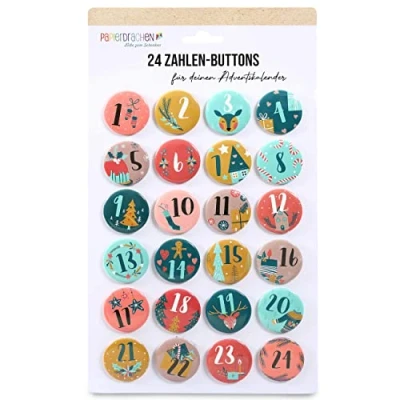 Image de Lot de 24 chiffres calendrier l&#039;Avent sur boutons 35 mm Épingles pour décorer les calendriers avec 1 à Coloré Idéal sacs en tissu, et sachets