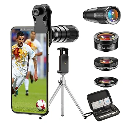 Image de Apexel Cell Phone Camera Lens 22X téléobjectif+25X Macro Lens+120 Wide Angle + 205 Fisheye 4 in 1 Kit avec trépieds pour iphone 11 Pro Huawei P30 Samsung