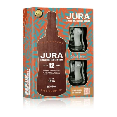 Image de JURA 12 Ans Coffret Whisky + 2 Verres Single Malt Notes de Chocolat Noir &amp; D&#039;Agrumes Origine : Écosse/Jura 40% Alcool 70 cl