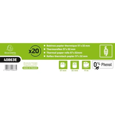 Image de Exacompta Réf. 40863E Paquet de 20 bobines pour tickets carte bancaire 57x32mm 11m 1 pli thermique 55g/m2 sans Phenol Blanc