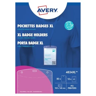 Image de AVERY 50 Porte Badges Grand Format Transparent, Noirs à Mousqueton 52 Inserts Inclus Impression Laser and Jet d&#039;Encre A6