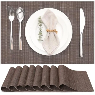 Image de Myir JUN Lot de 8 Sets Table, Tissé Lavable Napperons pour Cuisine ou Table à Manger Résiste la Chaleur Antidérapant Fait en Vinyle (30x45cm) (Marron)