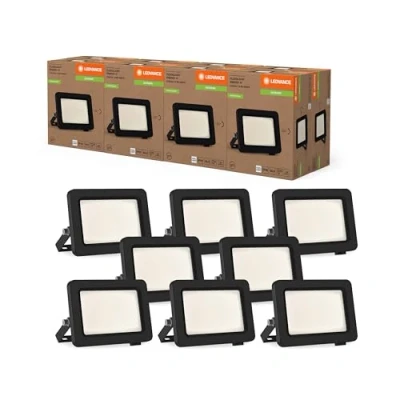 Image de LEDVANCE Projecteur LED avec classe d&#039;efficacité énergétique A, boîtier en aluminium noir, 10 W, 1750 lm, pour applications extérieures, design compact, léger, installation facile, lot de 8