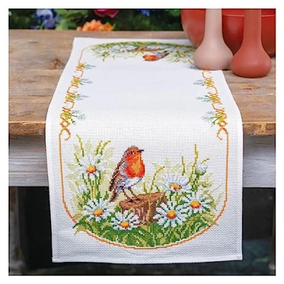 Image de Vervaco Chemin de table au point croix Motif marguerites et robin