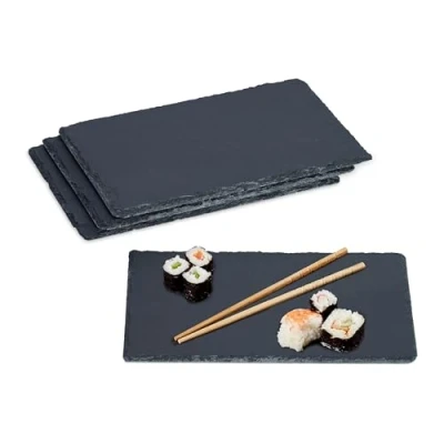 Image de Relaxdays Plat de Service, lot 4, rectangulaire, pour Servir Fromage/sushis/Desserts, 26 x 16 cm, Noir