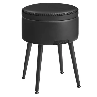 Image de VASAGLE EKHO Collection Pouf de Rangement, Tabouret Coiffeuse, PU avec Coutures, Moderne Mi siècle, Rangement Rond Pieds en Acier, Capacité 150 kg, Noir d&#039;encre LOM005B01