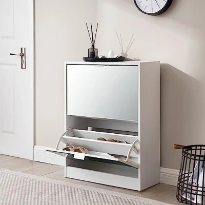 Image de [en.casa] Meuble à Chaussures Tiroirs Inclinés avec Miroir Armoire 2 Abattants Range pour Entrée Rangement Couloir Panneau de Particules 80 x 60 24 cm Blanc