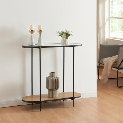 Image de [en.casa] Table Console avec Plateau Oval et Étagère D&#039;Appoint Design Intemporel pour Entrée Couloir Salon Métal Verre MDF 80 x 30 cm Noir Transparent Effet Chêne