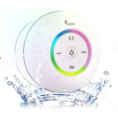 Image de LEICKE Enceinte Bluetooth Portable Étanche Haut Parleur de Douche sans Fil Haute stéréo LED Lumière Ventouse puissante, Stéréo, Radio FM Mic Intégré, Idéal pour Plage, Cuisine et Piscine 5h