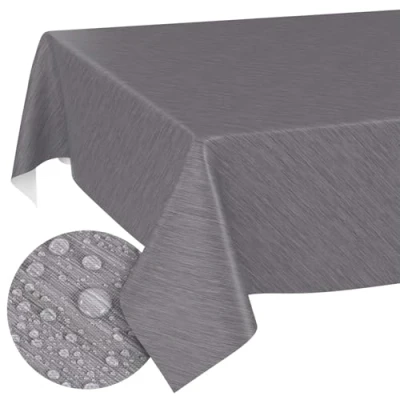 Image de ANRO Nappe en Toile cirée, Lavable, Bord coupé, Aspect Lin, Textile, Gris, 200 x 140 cm, pour Table de Jardin