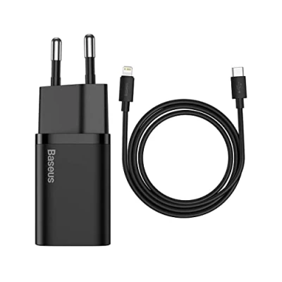 Image de BASEUS Travel Charger Set Super Si 1C QC (with Simple Wisdom Cable Type C to Lightning 1m) 20W Black (TZCCSUP B01)