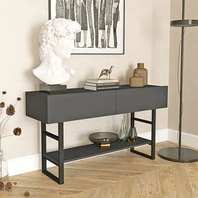 Image de [en.casa] Table Console pour Salon d&#039;Appoint avec Espace de Stockage Panneau Particules Mélaminé Métal 76 x 139 43 cm Anthracite Noir