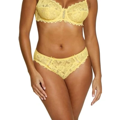 Image de SANS COMPLEXE, Slip Taille Basse, Modèle Arum, Couvrance modérée, Avant en Dentelle Florale Extensible, Arrière Microfibre Douce et Confortable,IIS Jaune Brume Dorée, 38 40