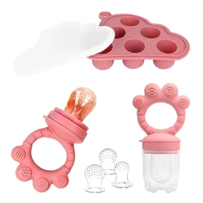 Image de ORAGKE Grignoteuse Bébé, 3 Tetine Bebe (G/M/P), Sucettes Fruits Bébé en Silicone sans BPA, et Moule a Glacon avec Couvercle pour Aliments Bébés, Lait Maternel (Rose)
