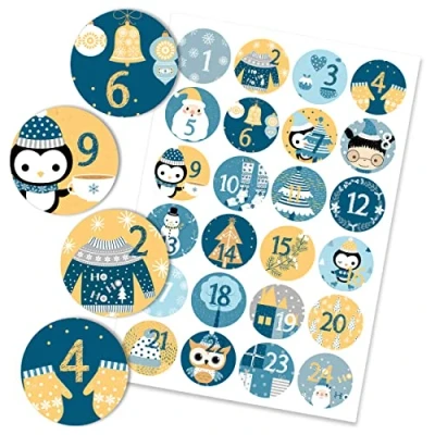 Image de Papierdrachen 24 Autocollants des Chiffres du Calendrier de l&#039;Avent Motifs Noël en Bleu Jaune n 31 Sticker 4 cm pour travaux manuels et décoration