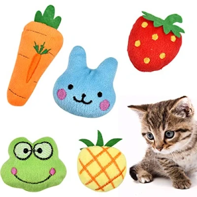 Image de Fodlon Cataire Jouets, 5 Pièces Jouets à l&#039;herbe Chat, Interactive Mâcher Jouet en Peluche pour Chaton Kitty Fraise/Grenouille/Lapin/Ananas/Carotte