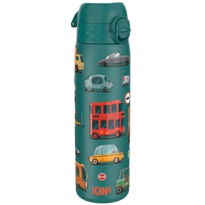 Image de ION8 Gourde Inox Léger, 600ml, Non Isolé, Anti Fuite, Facile à Ouvrir, Verrouillage Sécurisé, Lavable au Lave Vaisselle, Poignée de Transport, Durable, Acier Inoxydable, Motif 3D Automobiles