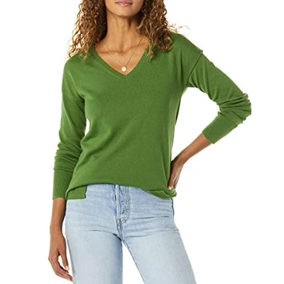 Image de Amazon Essentials Pull Tunique Léger À Manches Longues Et Col En v (Disponible Grande Taille) Femme, Vert, L