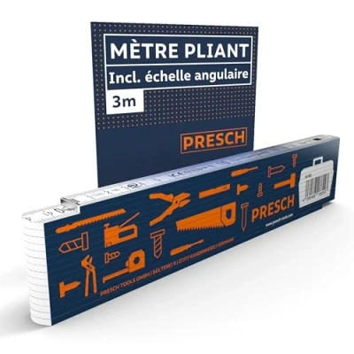 Image de PRESCH mètre pliant 3m avec échelle d&#039;angle Bois Bleu Pliable Nombres grands et très lisibles Encliquetage précis en bois, rigide, à branche, double