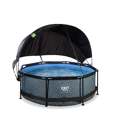 Image de EXIT TOYS Piscine Stone avec Voile d&#039;Ombrage ø244x76cm Hors Sol Ronde Pompe Filtrante à Cartouche Protection Optimale Contre Les Rayons UV Entrée Basse Design Unique Gris