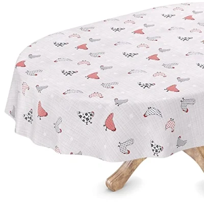 Image de ANRO Nappe en toile cirée lavable, ovale 140 x 240 cm, bord coupé, poules, gris
