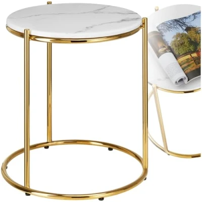 Image de Table d&#039;appoint TECTAKE ELSA avec plateau en marbre et structure acier Blanc/Doré
