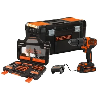 Image de BLACK+DECKER BDCHD18S1KA QW Perceuse à percussion sans fil 18 V 1 batterie 1,5 Ah 40 Nm 21 000 cps/min 2 Vitesses 104 accessoires Livrée en boite outil