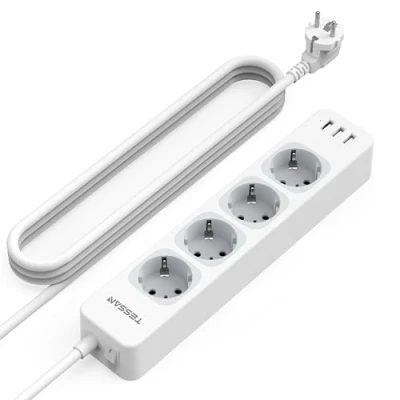 Image de TESSAN 4 Prises Multiprise avec USB, Rallonge 3M, 7 en 1 Interrupteur, 3600W Prise Multiple de Distribution Murale, Blanc Bureau, USB
