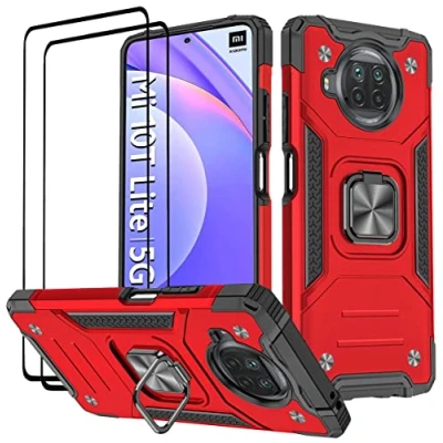Image de KANSI Coque Compatible pour Xiaomi Mi 10T Lite 5G, Verre Trempé [2 Pièces] Housse TPU Silicone Rotation 360 Aimant Anneau Support Double Défense Protection Etui 5G Rouge