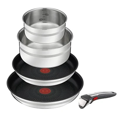 Image de Jamie Oliver by Tefal L9769632 Ingenio Set de 5 pièces en acier inoxydable avec 1 poignée amovible, 2 poêles et casseroles à induction Passe au four Gain place